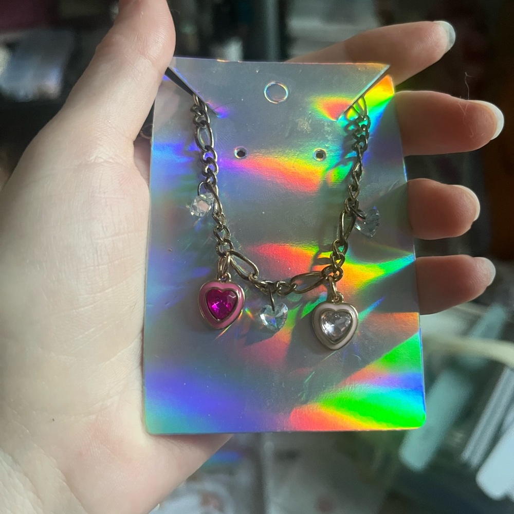 NEW Gold Chain Choker Necklace with Pink Heart Pendants